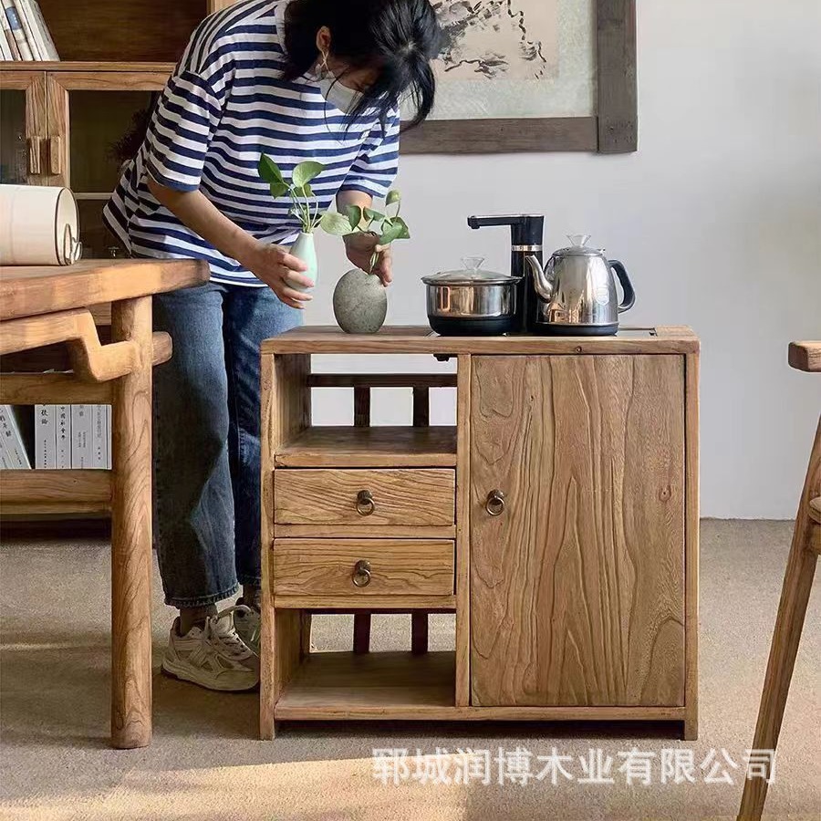 老榆木茶水柜实木移动茶台家用中式泡茶台沙发侧边桌喝茶烧水柜