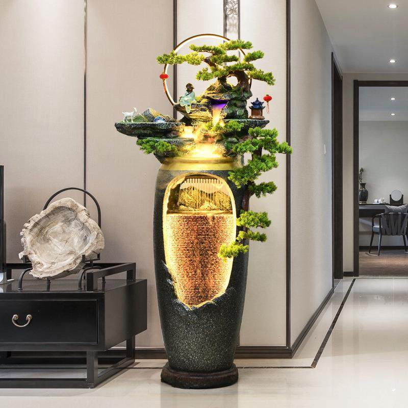 新中式流水喷泉电视柜旁边轻奢落地禅意家居景观玄关客厅假山摆件