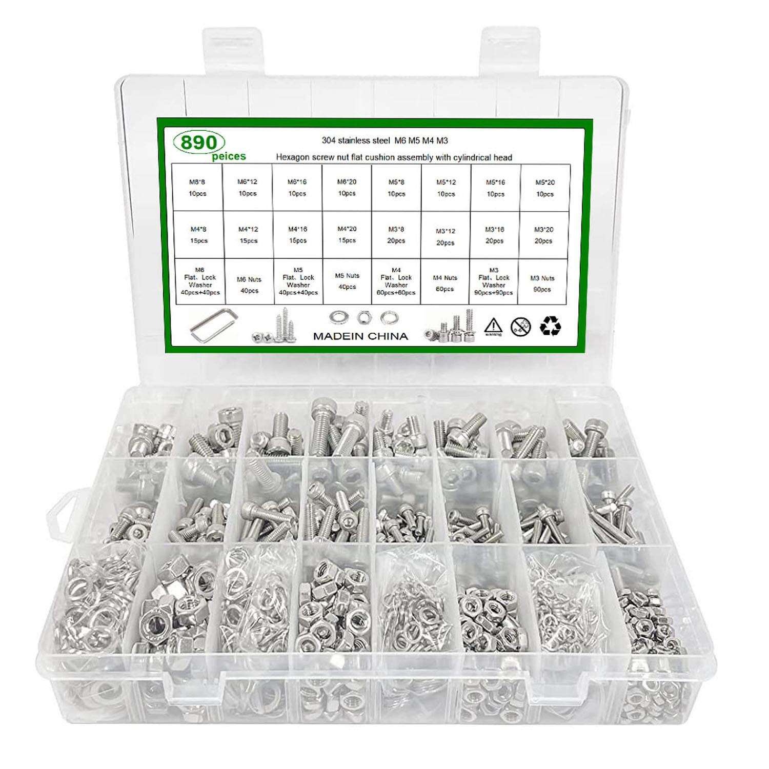 供跨境890pcs杯头内六角螺丝M3M4M5M6圆柱头滚花内六角螺钉DIN912