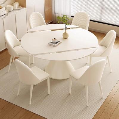 奶油风岩板餐桌椅组合方圆两用现代简约小户型家用可旋转圆桌饭桌