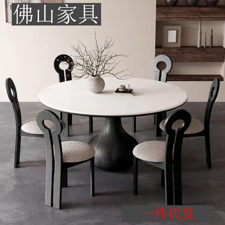 复古实木岩板圆形餐桌转盘餐桌椅组合现代简约家用小户型吃饭桌子