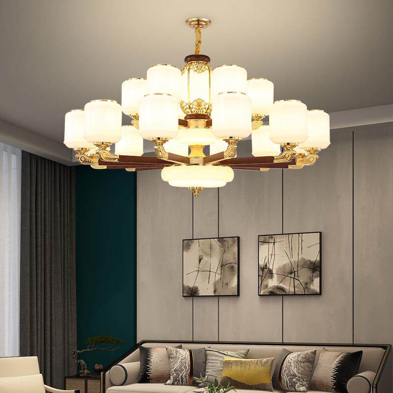 全铜客厅吊灯新中式实木高档餐厅大气现代新款别墅灯具全铜灯