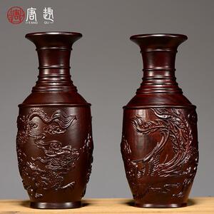 黑檀木雕刻龙凤呈祥花瓶摆件实木家居客厅中式插花工艺品新婚送礼
