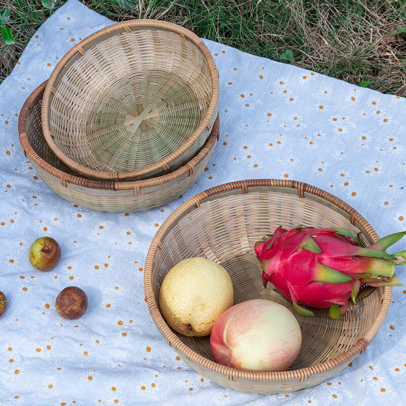 藤条包边竹编果盘馒头竹筐点心盘竹制品收纳筐圆形农家沥水篮篮子