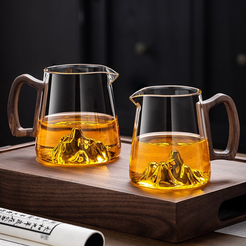 耐热玻璃公道杯月牙观山胡桃木把加厚茶海公平杯分茶器不锈钢茶漏