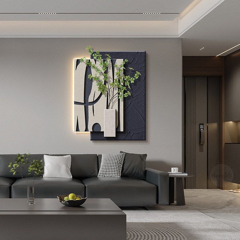 黑白抽象客厅装饰画极简高级感沙发背景墙挂画实物画绿植玄关壁画
