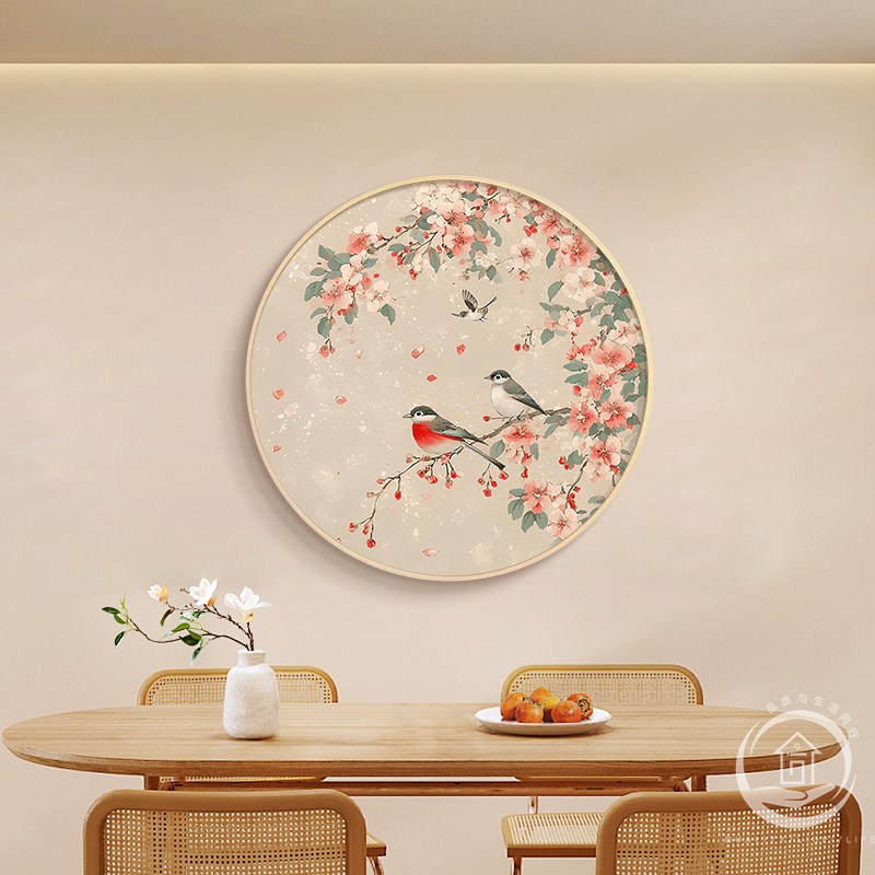 新中式客厅餐厅墙面装饰画圆形花鸟茶室壁画喜上枝头入户玄关挂画图片