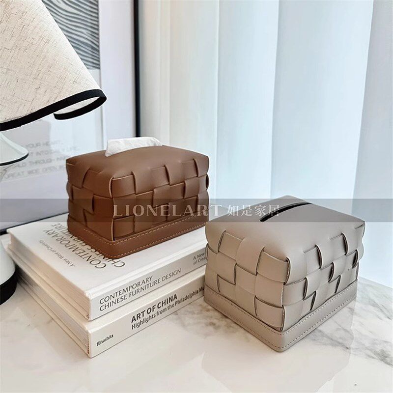 如是迷你车载垃圾桶纸巾盒手工编织马鞍皮私宅桌面地毯收纳双层桶