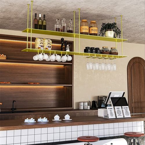 酒吧吧台悬空不锈钢吊架红酒酒架 餐厅吧台金属置物架发光酒杯架