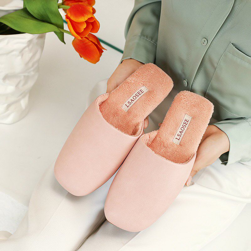 秋冬保暖加绒高级感哑光简约情侣防水PU棉拖鞋女轻便牛筋底防滑男