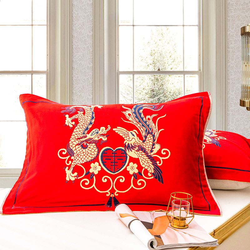 结婚全棉枕巾一对装大红色纱布喜庆床上枕盖陪嫁喜字情侣枕垫