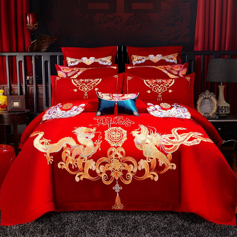 中式婚庆四件组结婚大红色刺绣牀上用品