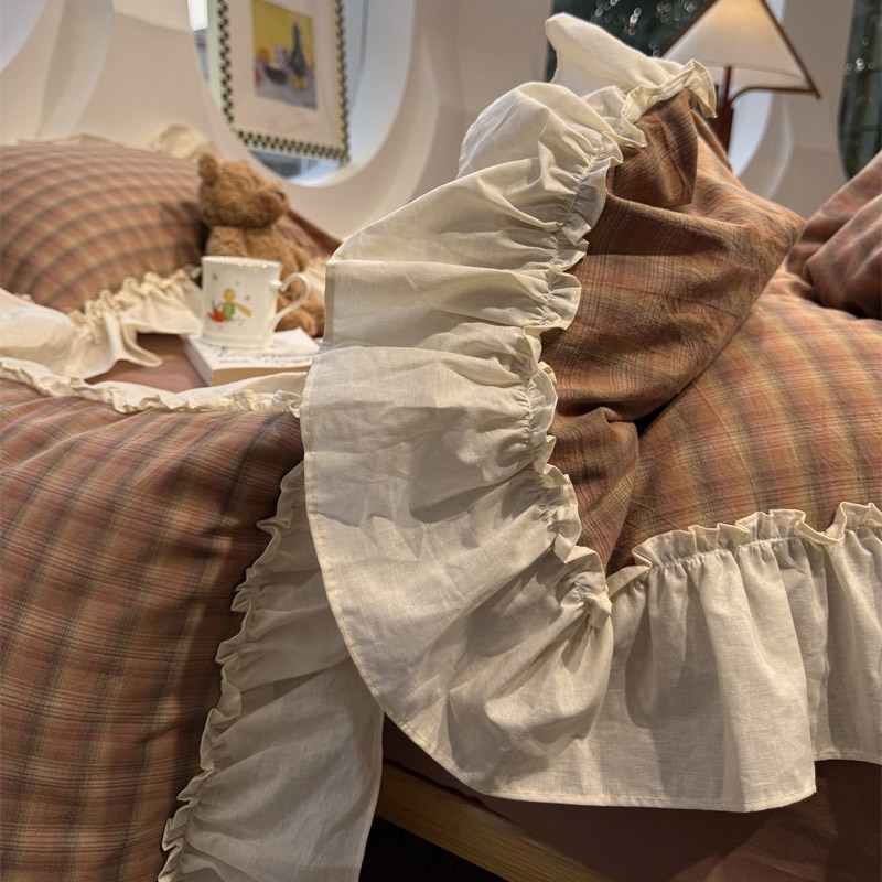 百褶花边水洗棉落日橘格少女心四件套全棉1.5m1.8米公寓被套