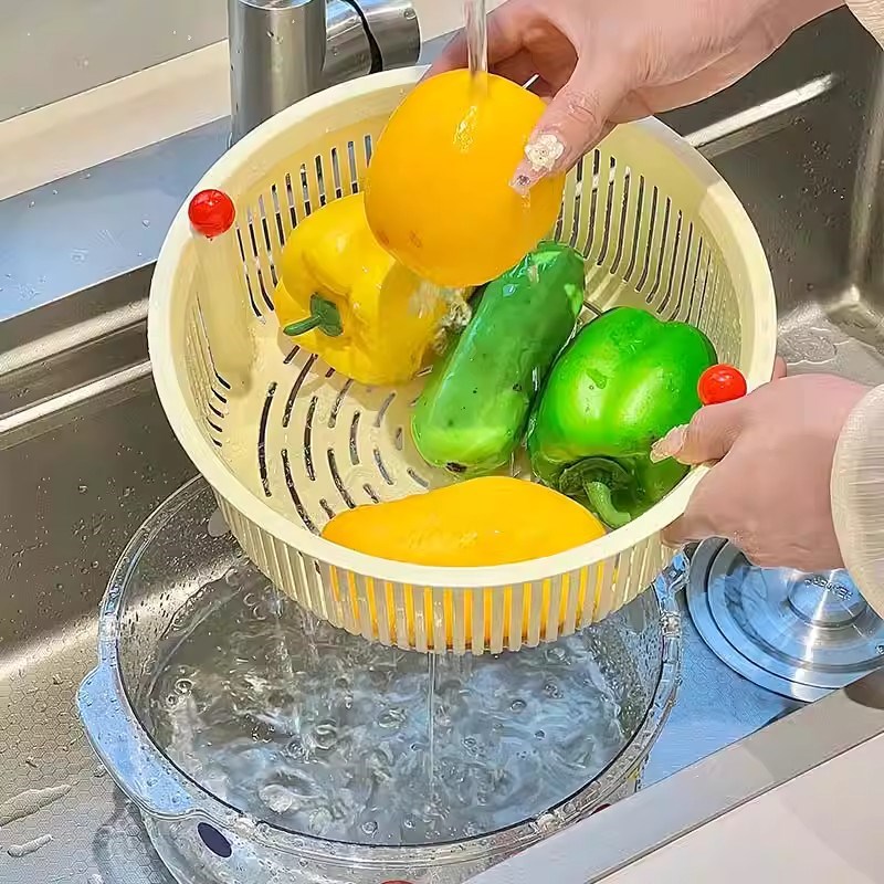 多巴胺旋转沥水篮双层加厚家用厨房洗菜篮蔬菜筐水果盆瓜果收纳篮