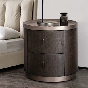 意式极简poliform烟熏色实木圆形床头柜简约现代圆柜储物柜床边柜