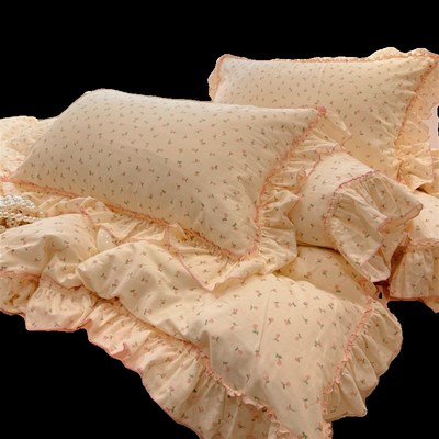 仙女款双层纱全棉四件套裸睡公主风被套床裙款蕾丝花边床上用品