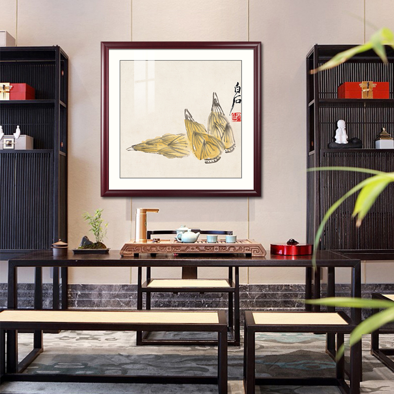 正方形齐白石寿桃图挂画客厅玄关装饰画中式餐厅水果荔枝图案壁画图片