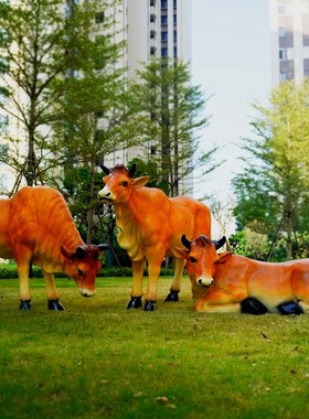 彷真黄牛雕塑玻璃钢模型户外草原庭院景观农Q场装饰动物奶牛摆件