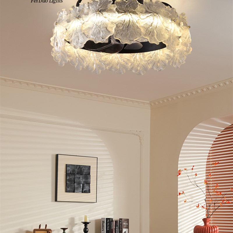 飞朵法式卧室扇灯吸顶灯奶油风格复古光I豪华水晶餐厅吊扇灯客厅