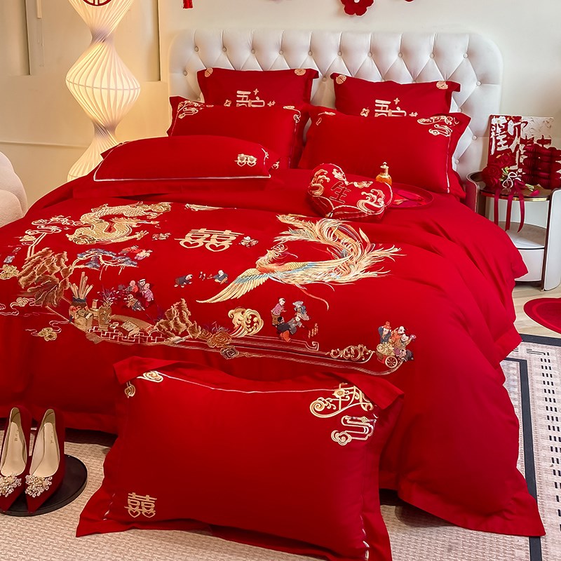 中式160S长绒棉婚庆四件套新婚喜被龙凤刺绣全棉床单被套床上用品
