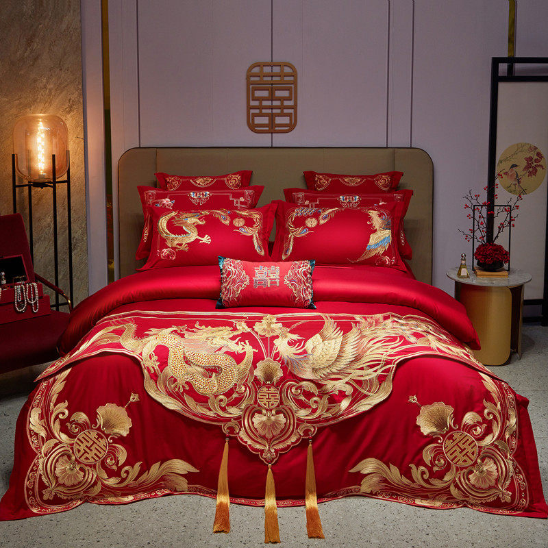 高端140支长g绒棉婚庆大红四件套全棉结婚房嫁礼床上用品龙凤喜被