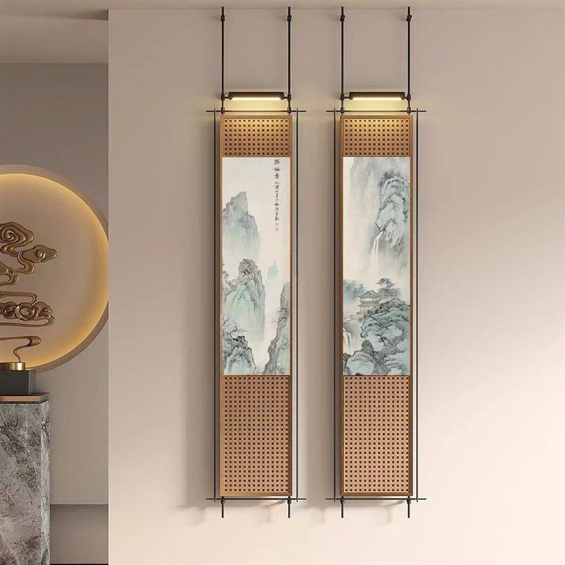 宋式美学b高级玄关金属杆装饰画酒店走廊过道立体氛围灯画茶室挂