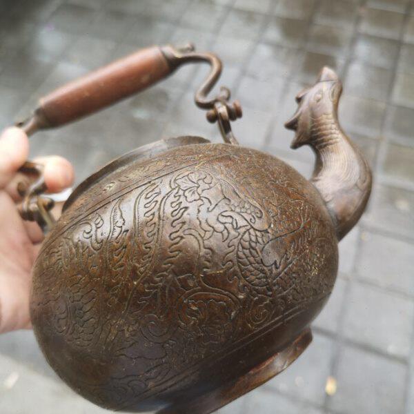古玩铜器收藏仿古纯铜龙凤呈祥手提壶老铜壶水壶茶壶摆件老物件