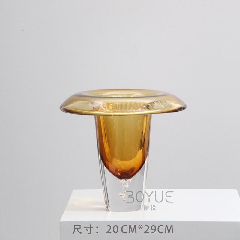 新中式蘑菇云形高脚琥珀色琉璃花瓶样板房民O宿茶室桌面花艺装饰