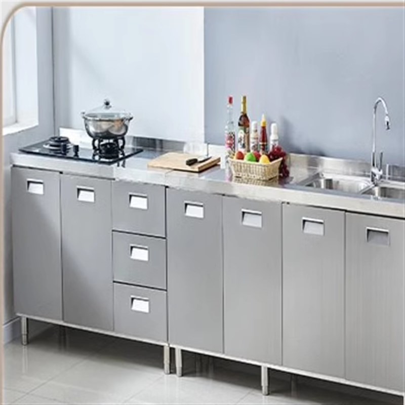 304不b锈钢厨房橱柜简易灶台一体整体白钢储物碗柜整装家用小户型