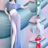 肚皮舞服装 女渐变班服2024巾练功服色网纱露肩套装 儿童臀夏季 新款