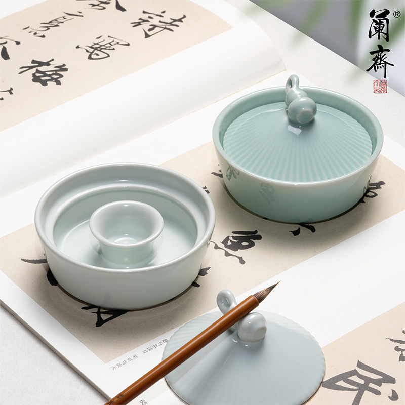 斗笠火锅砚双圈陶瓷火锅砚带盖不干墨练毛笔字盛墨墨盒墨F碟笔洗