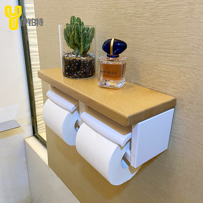 免打孔纸巾架榉木黑胡桃实木卫生间厕所壁挂纸Q巾盒双卷纸架置物