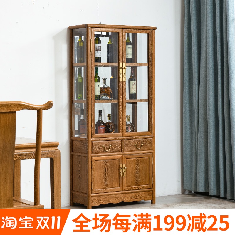 鸡翅木红酒柜玻璃双门o展示柜中式仿古实木陈列柜储物柜隔断柜家
