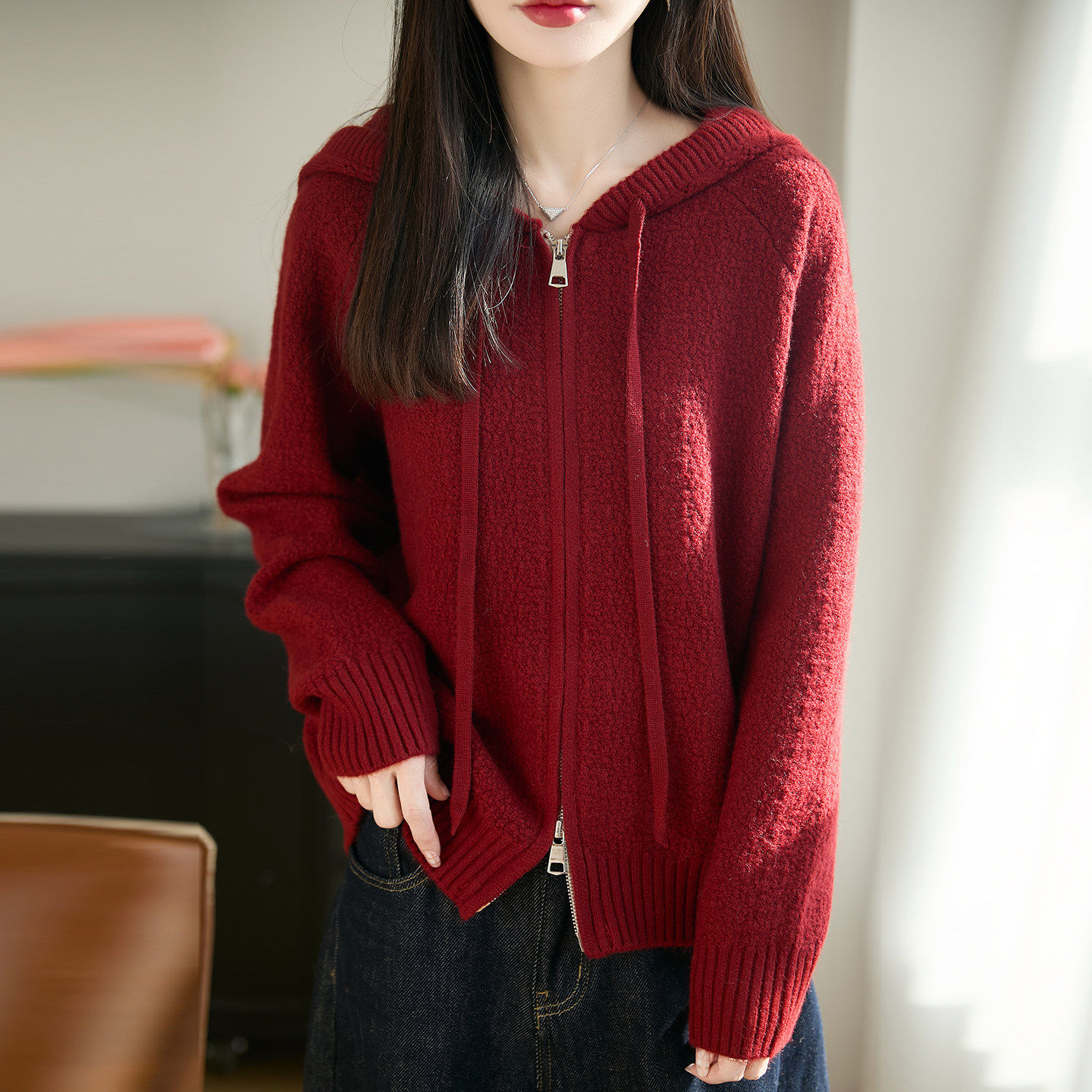 红色本命年双拉链连帽运动衫2026年新款针织开衫毛衣外套女开春衣