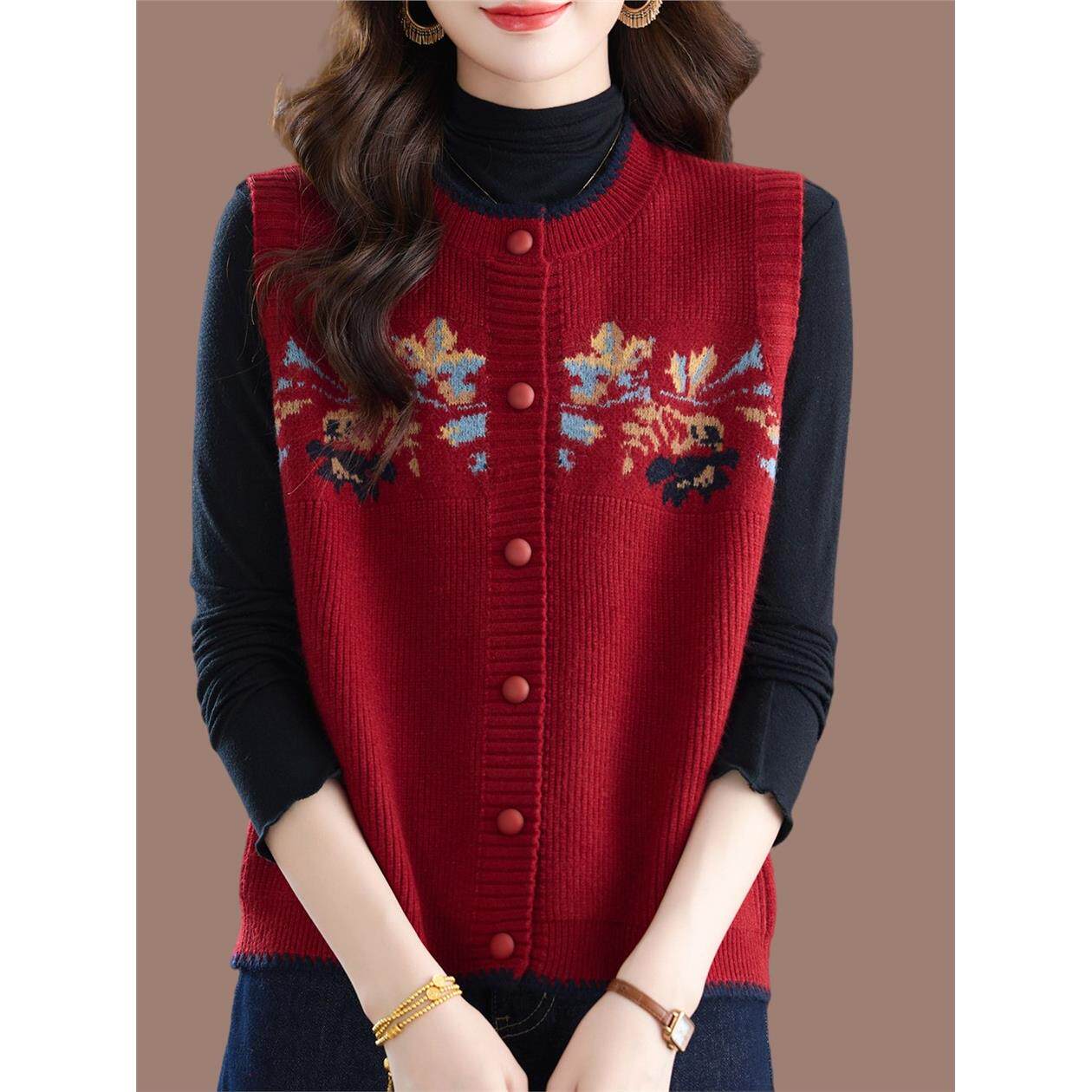 羊毛马甲开衫女士春秋2025新款马夹外搭圆领背心刺绣上衣毛衣外套