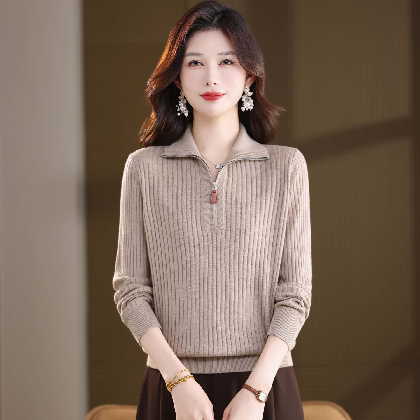 半拉链卫衣女宽松条纹针