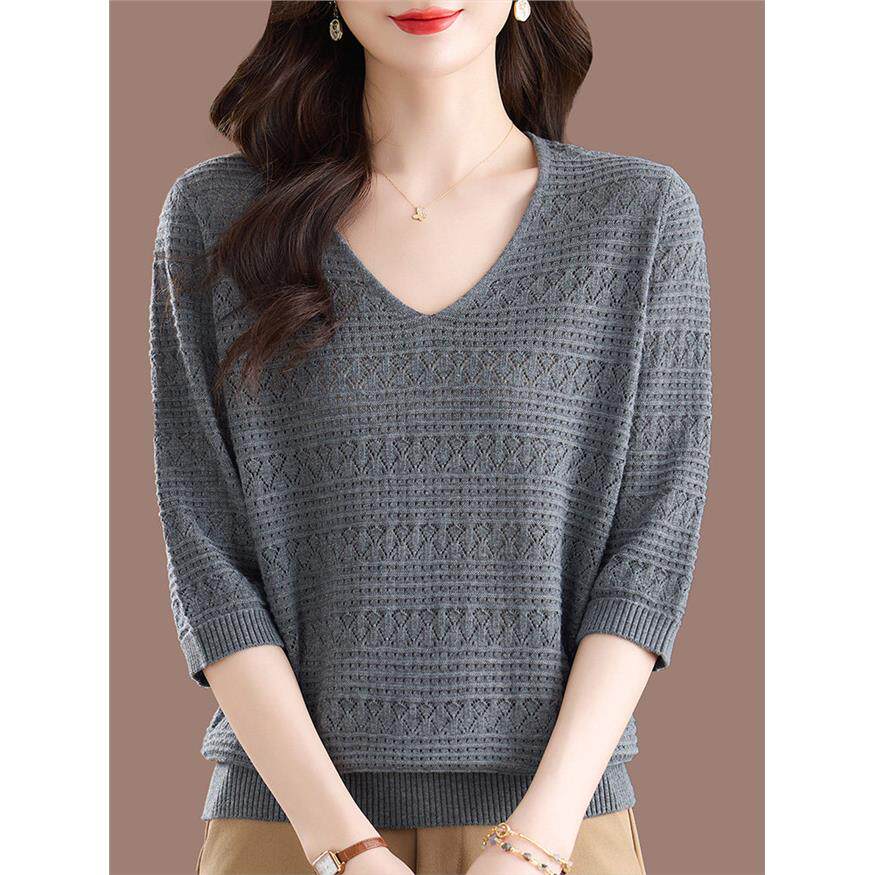 七分袖针织衫t恤女早秋2025新款宽松遮肚中年妈妈薄款V领打底上衣