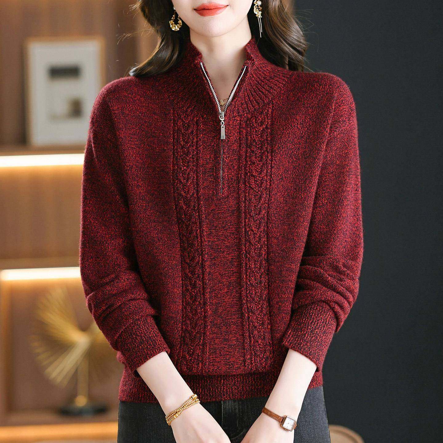 妈妈装秋冬半拉链毛衣女大码洋气半高领羊毛衫宽松遮肚针织打底衫