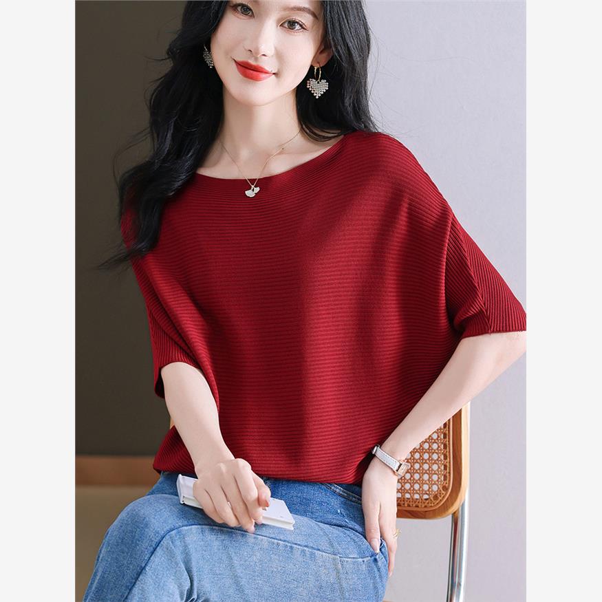 红色单线领蝙蝠衬衫上衣女式薄2024早秋新款宽松外妈冰丝针织衫