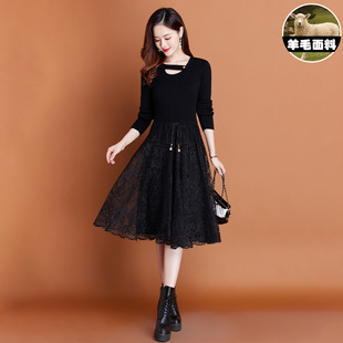 高级感蕾丝气质连衣裙秋冬中长款 配大衣针织打底羊毛毛衣裙