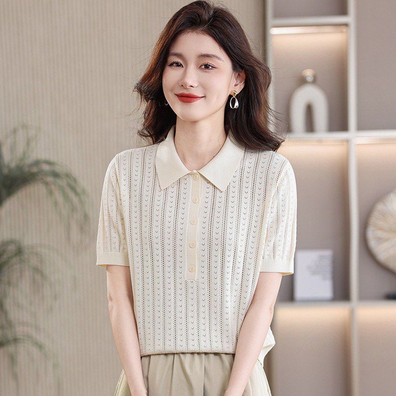 新款冰丝短袖polo领t恤衫女夏短款宽松显瘦洋气薄款翻领针织上衣