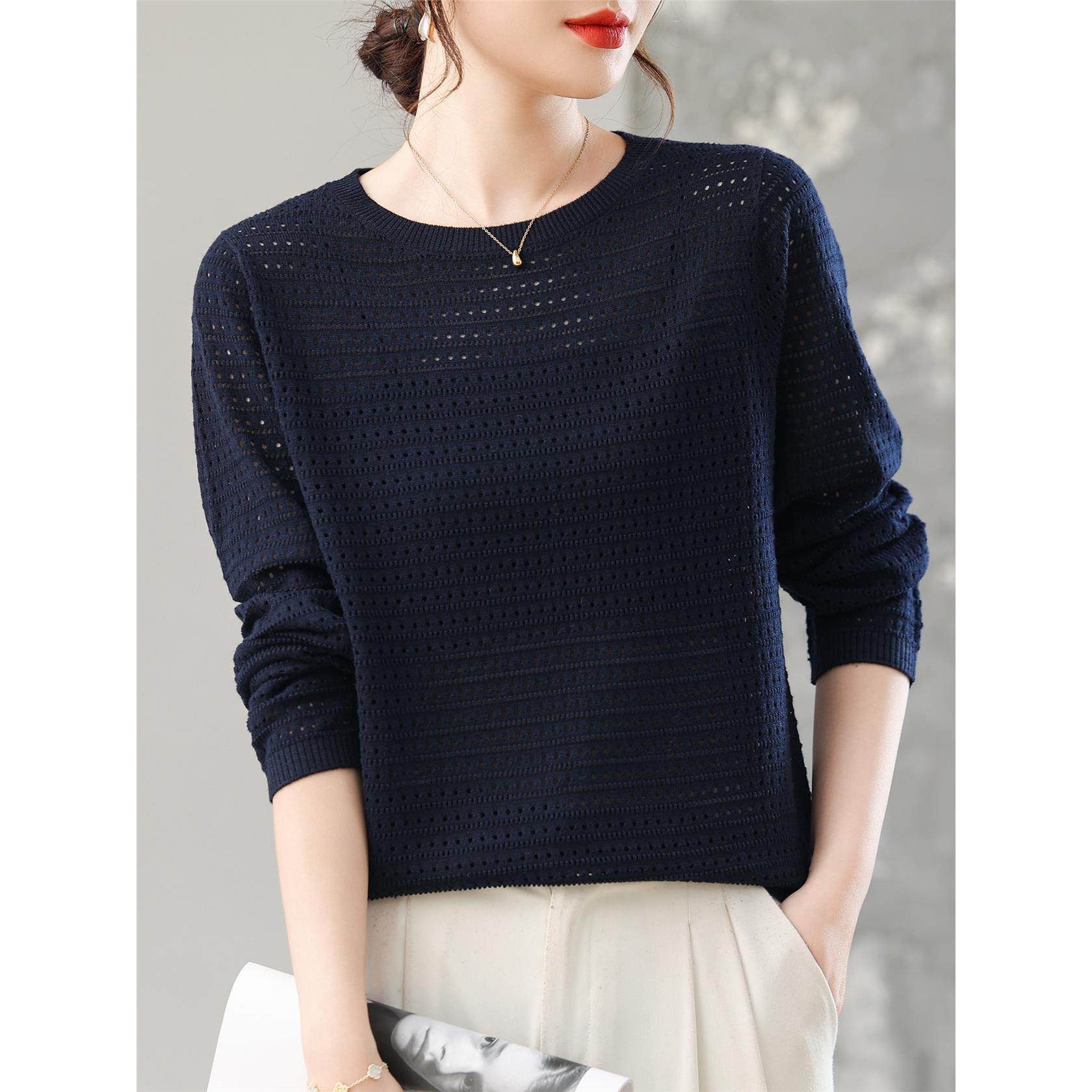 早秋薄款针织衫长袖镂空上衣秋装2025新款女装圆领宽松打底衫毛衣