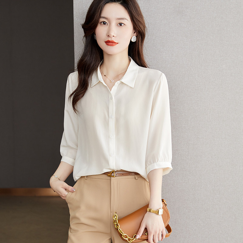 100%桑蚕丝杭州真丝衬衫女高级感夏款宽松半袖微胖上衣设计感小众图片