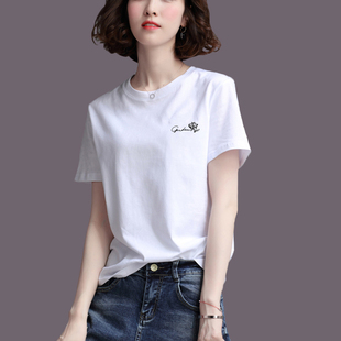 纯棉短袖t恤女2025新款正肩T恤女夏宽松打底白色体恤黑色短款上衣