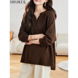 咖色大码羊毛衫女100%羊毛前短后长毛衣秋冬中长遮屁股针织衫上衣