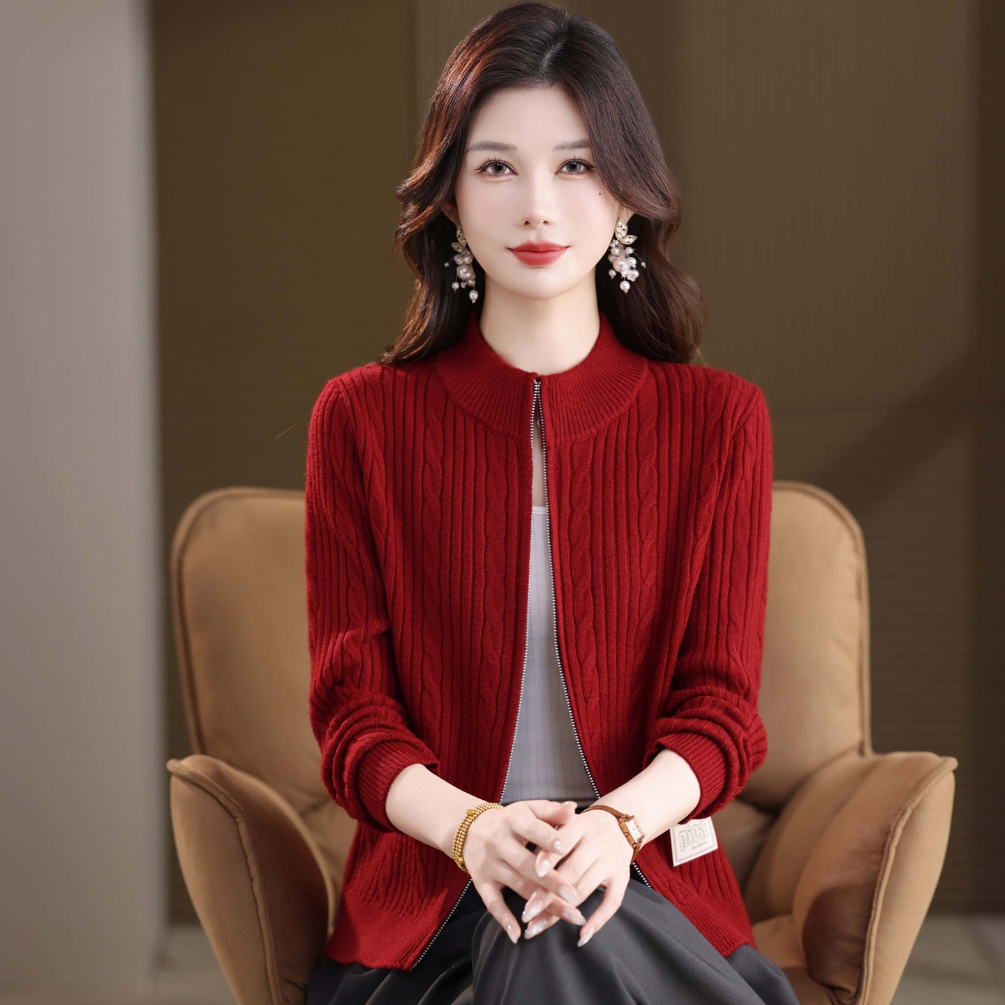 立领麻花毛衣外套女宽松