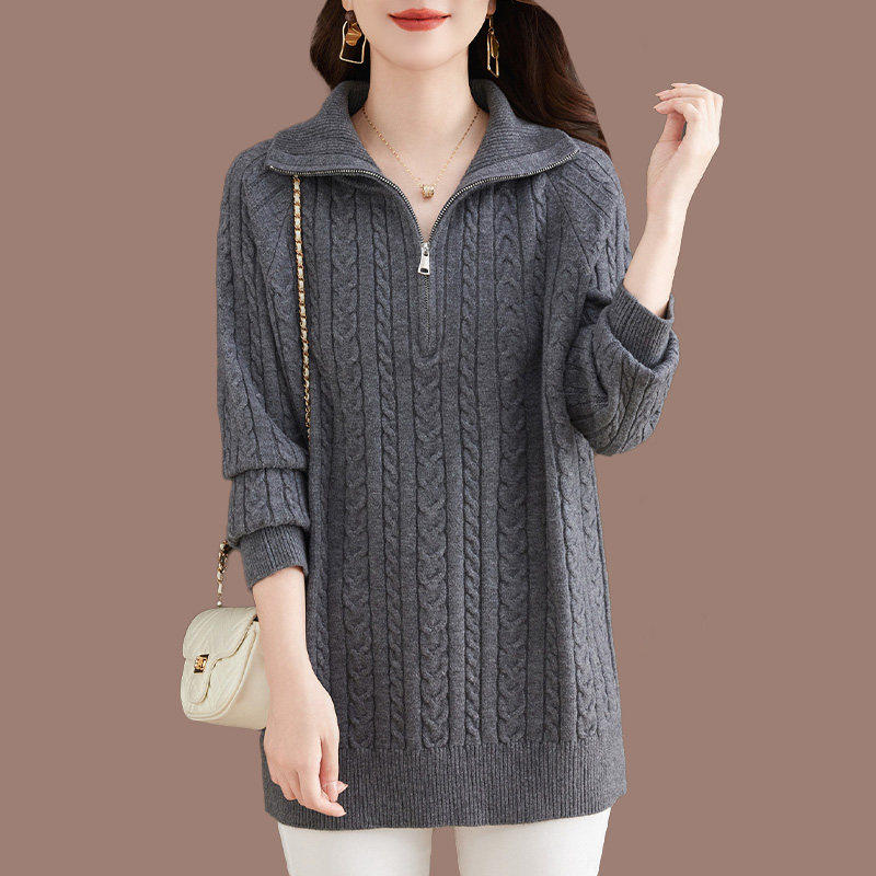 中长版毛衣女遮屁股2025新款秋冬妈妈装半拉链高领针织羊毛打底衫