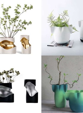 现代简约砂岩黑白描绘金银v色创意花器摆件样板间客厅水墨花瓶装