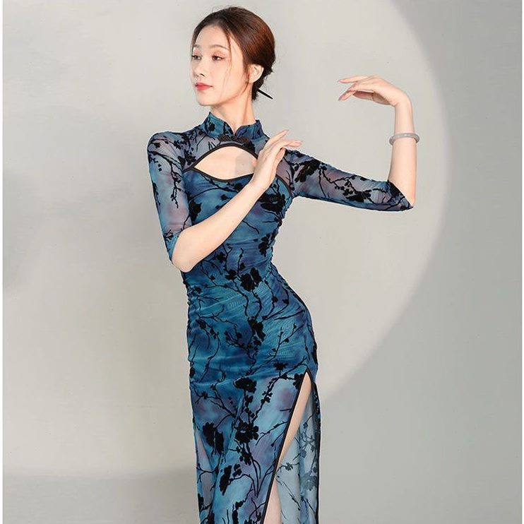 开叉裙中国舞练功服显瘦民国风舞蹈服春夏复古演出服装古典舞旗袍