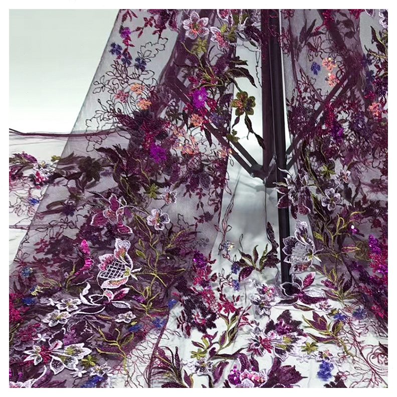亮片网纱珠礼服连衣裙蕾丝绣花服装彩色重磅线布面料色片刺绣布料